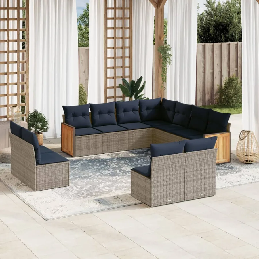 Ensemble de canapé de jardin 11 pcs avec coussins gris résine tressée