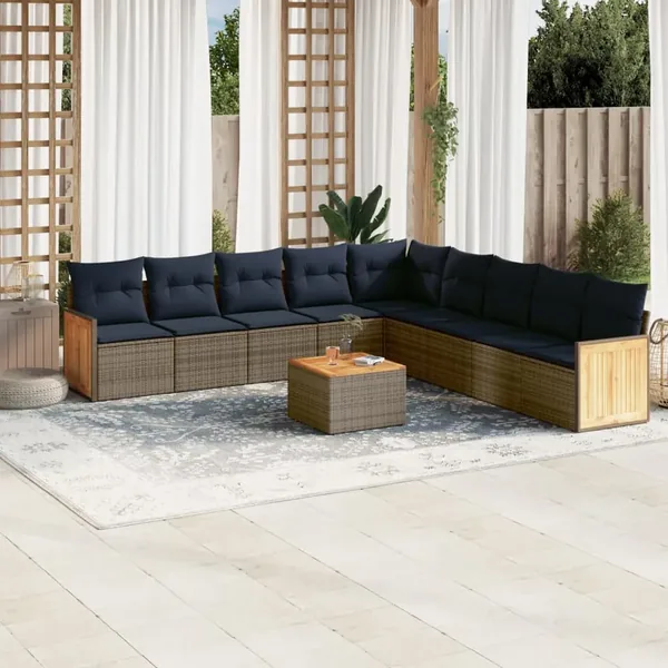 Ensemble de canapé de jardin 10 pcs avec coussins gris résine tressée