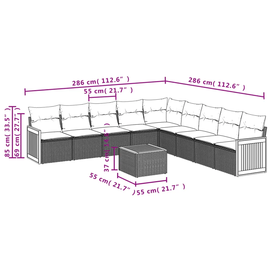 Ensemble de canapé de jardin 10 pcs avec coussins gris résine tressée - 8