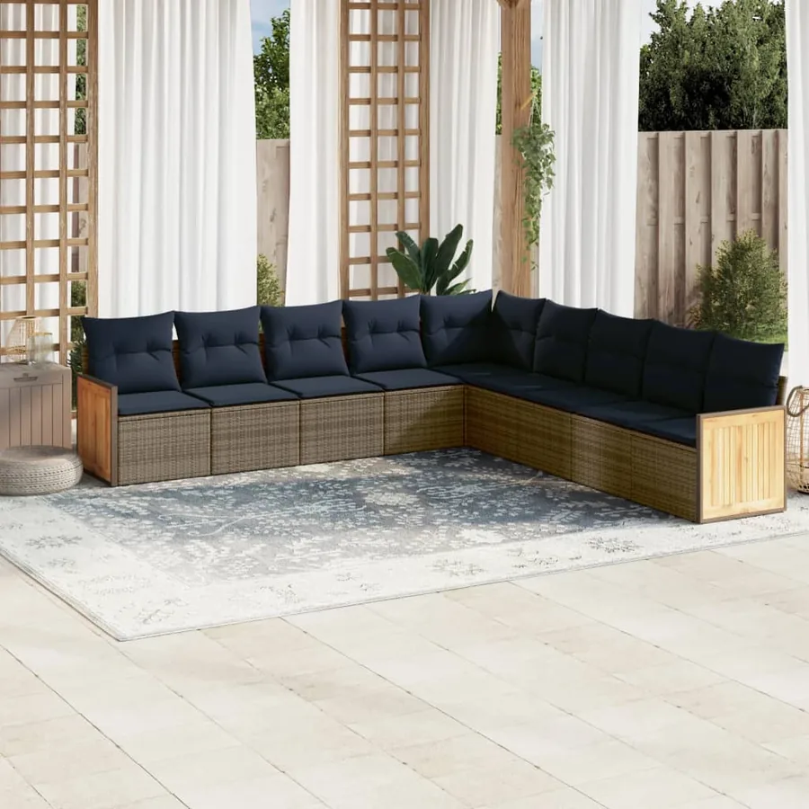 Ensemble de canapé de jardin 9 pcs avec coussins gris résine tressée