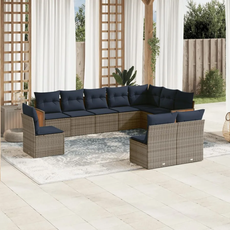 Ensemble de canapé de jardin 10 pcs avec coussins gris résine tressée