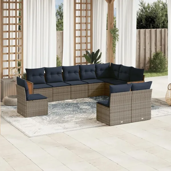 Ensemble de canapé de jardin 10 pcs avec coussins gris résine tressée
