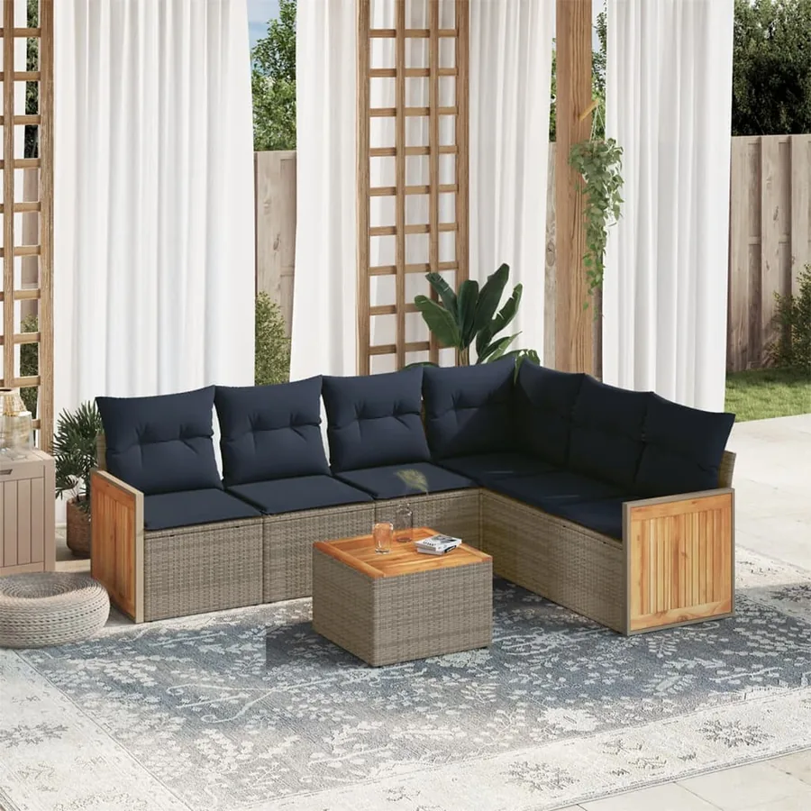 Ensemble de canapé de jardin 7 pcs avec coussins gris résine tressée - 2