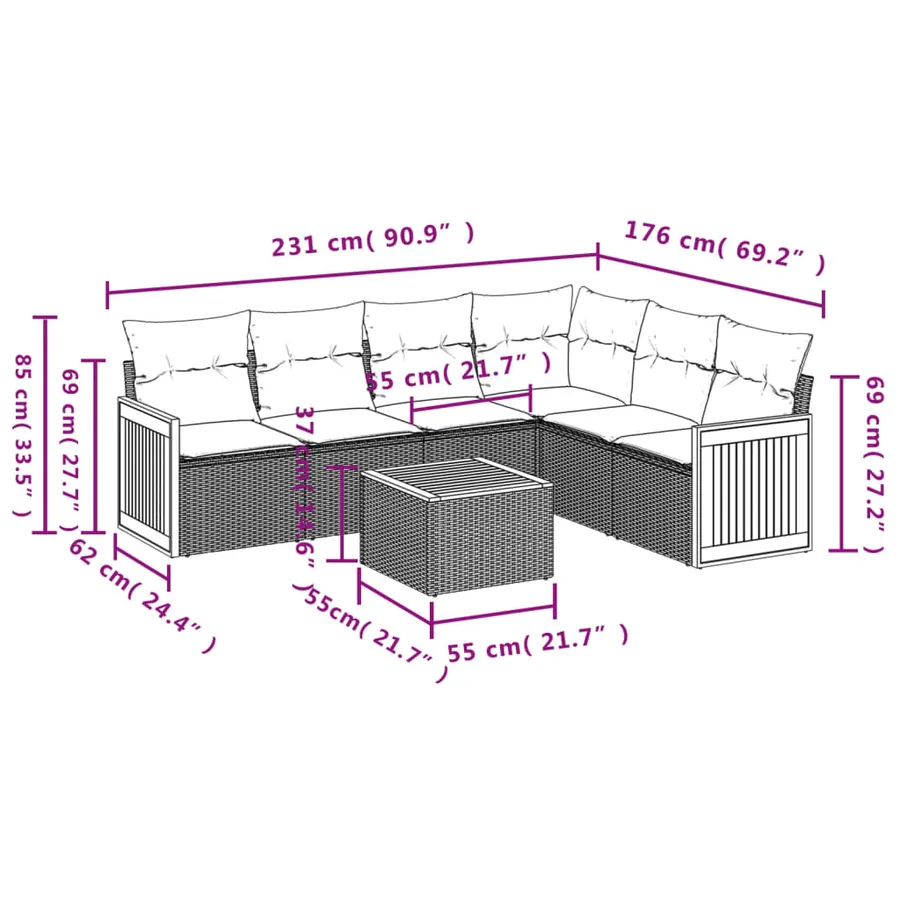 Ensemble de canapé de jardin 7 pcs avec coussins gris résine tressée - 8