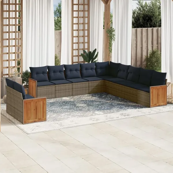 Ensemble de canapé de jardin 11 pcs avec coussins gris résine tressée