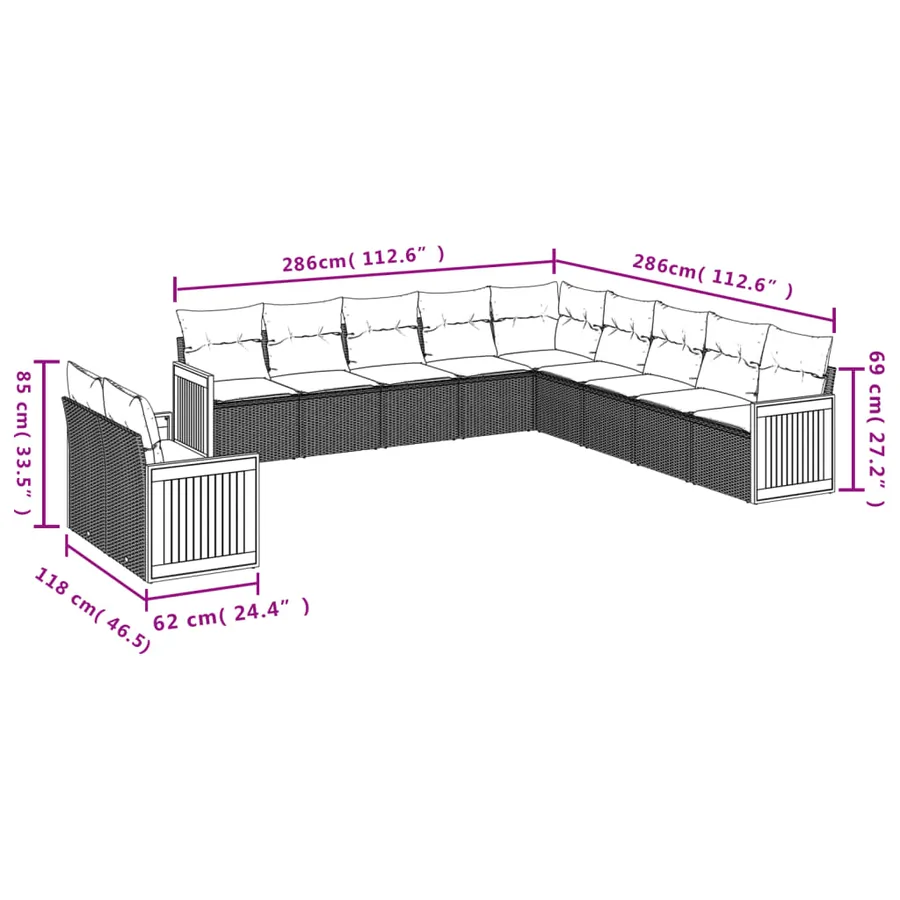 Ensemble de canapé de jardin 11 pcs avec coussins gris résine tressée - 7