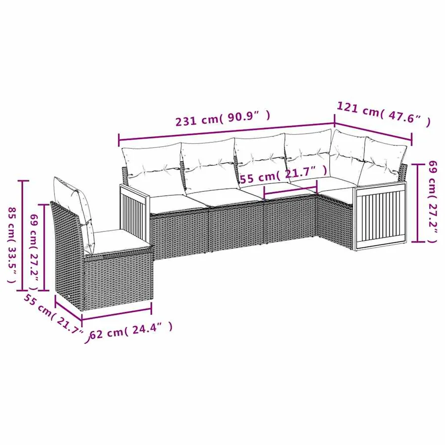 Ensemble de canapé de jardin 6 pcs avec coussins gris résine tressée - 7