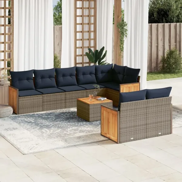 Ensemble de canapé de jardin 9 pcs avec coussins gris résine tressée