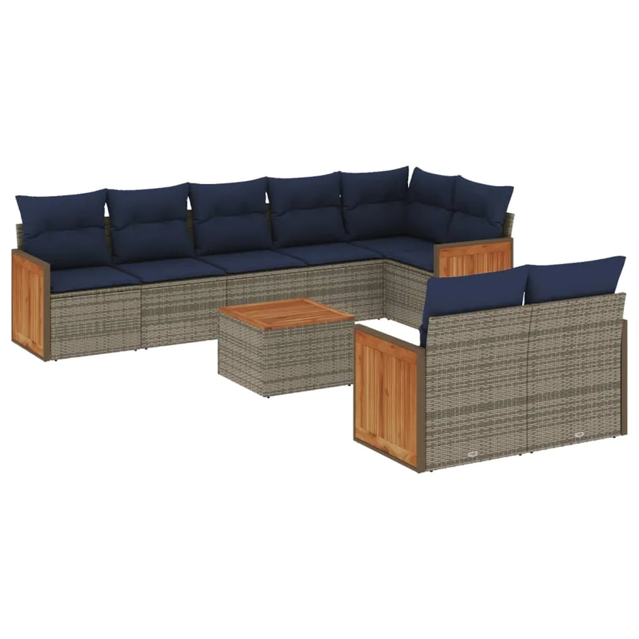 Ensemble de canapé de jardin 9 pcs avec coussins gris résine tressée - 2