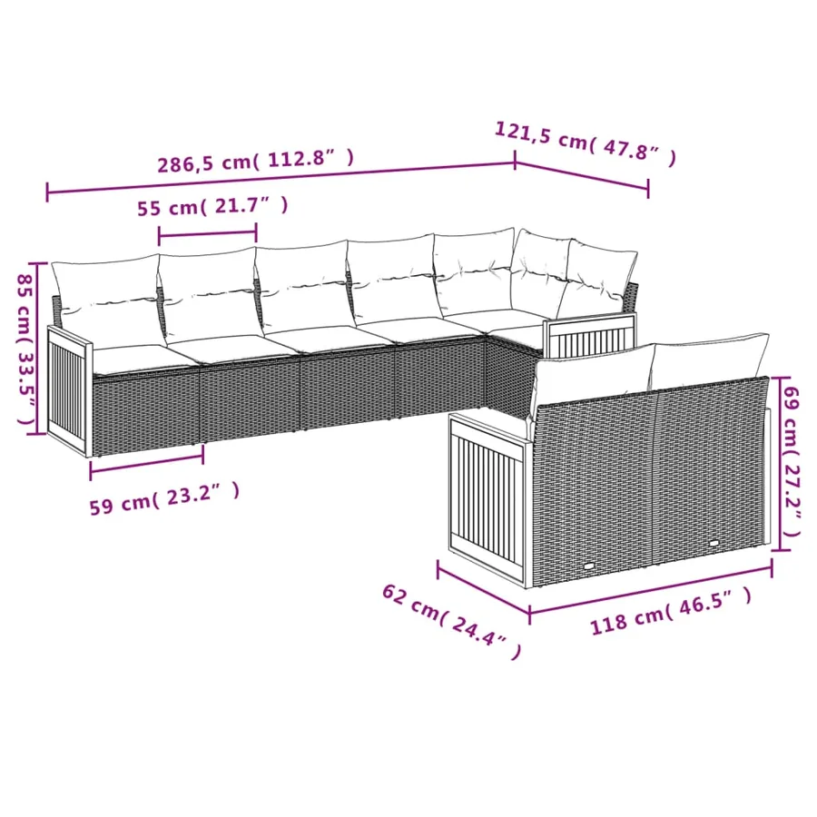 Ensemble de canapé de jardin 8 pcs avec coussins gris résine tressée - 7