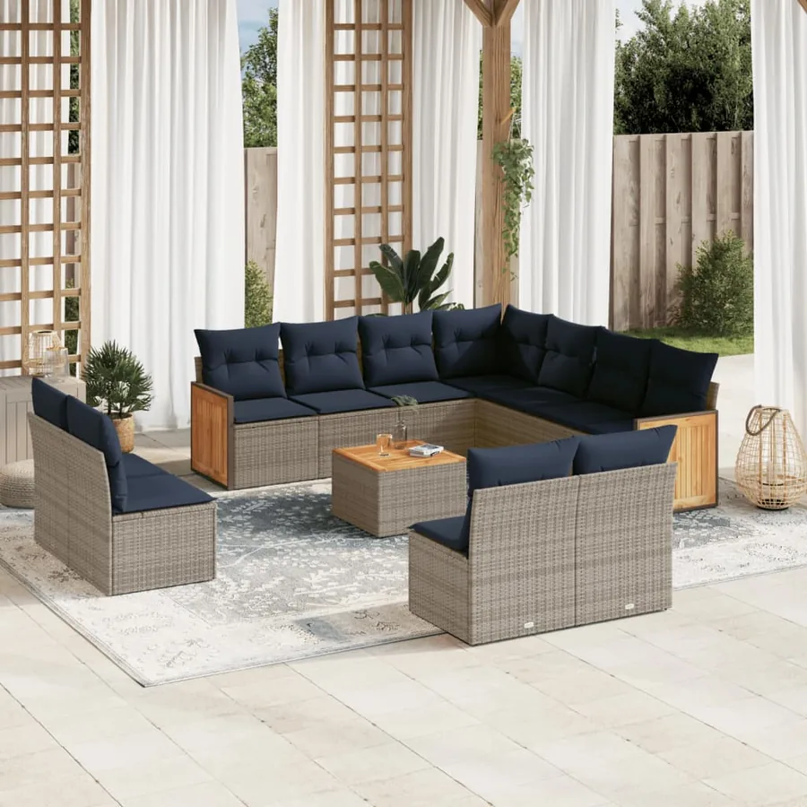 Ensemble de canapé de jardin 12 pcs avec coussins gris résine tressée
