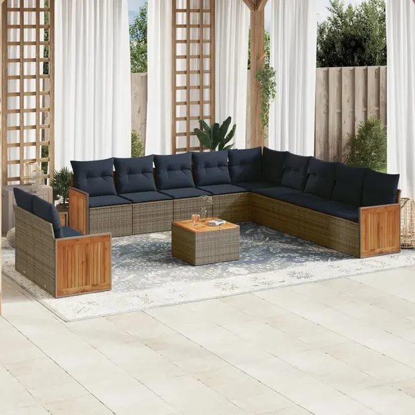 Ensemble de canapé de jardin 12 pcs avec coussins gris résine tressée
