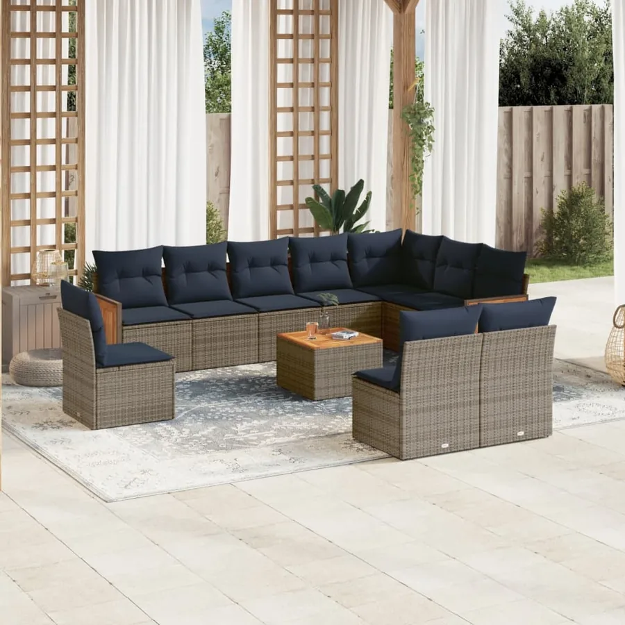 Ensemble de canapé de jardin 11 pcs avec coussins gris résine tressée