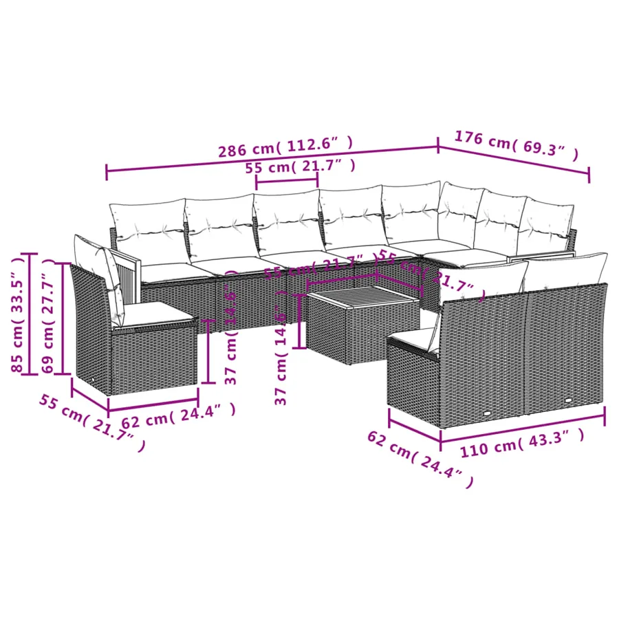 Ensemble de canapé de jardin 11 pcs avec coussins gris résine tressée - 8