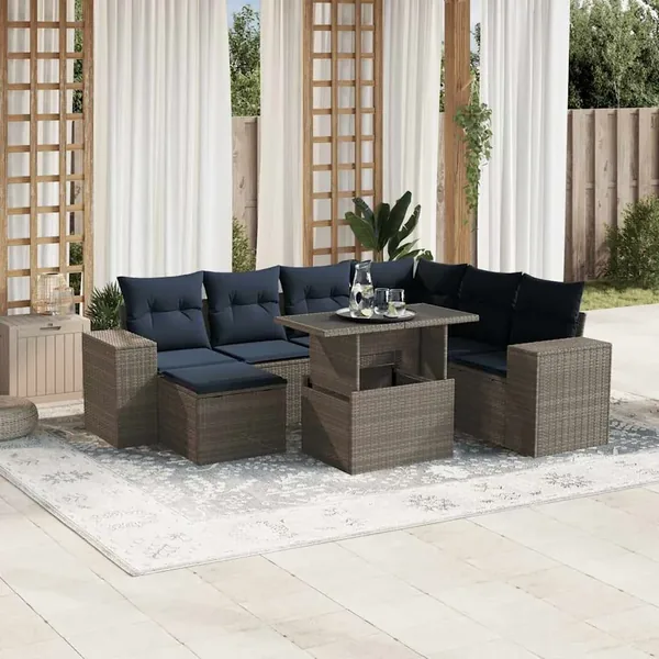Ensemble de canapé de jardin 8 pcs avec coussins gris résine tressée