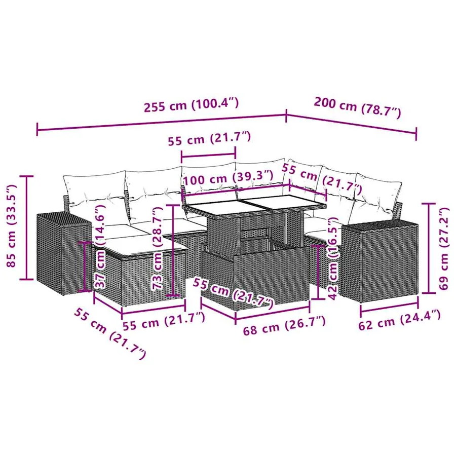 Ensemble de canapé de jardin 8 pcs avec coussins gris résine tressée - 11