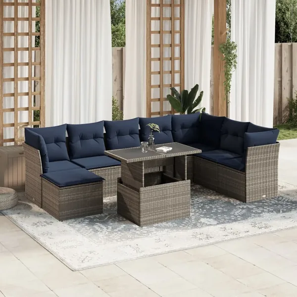 Ensemble de canapé de jardin 9 pcs avec coussins gris résine tressée