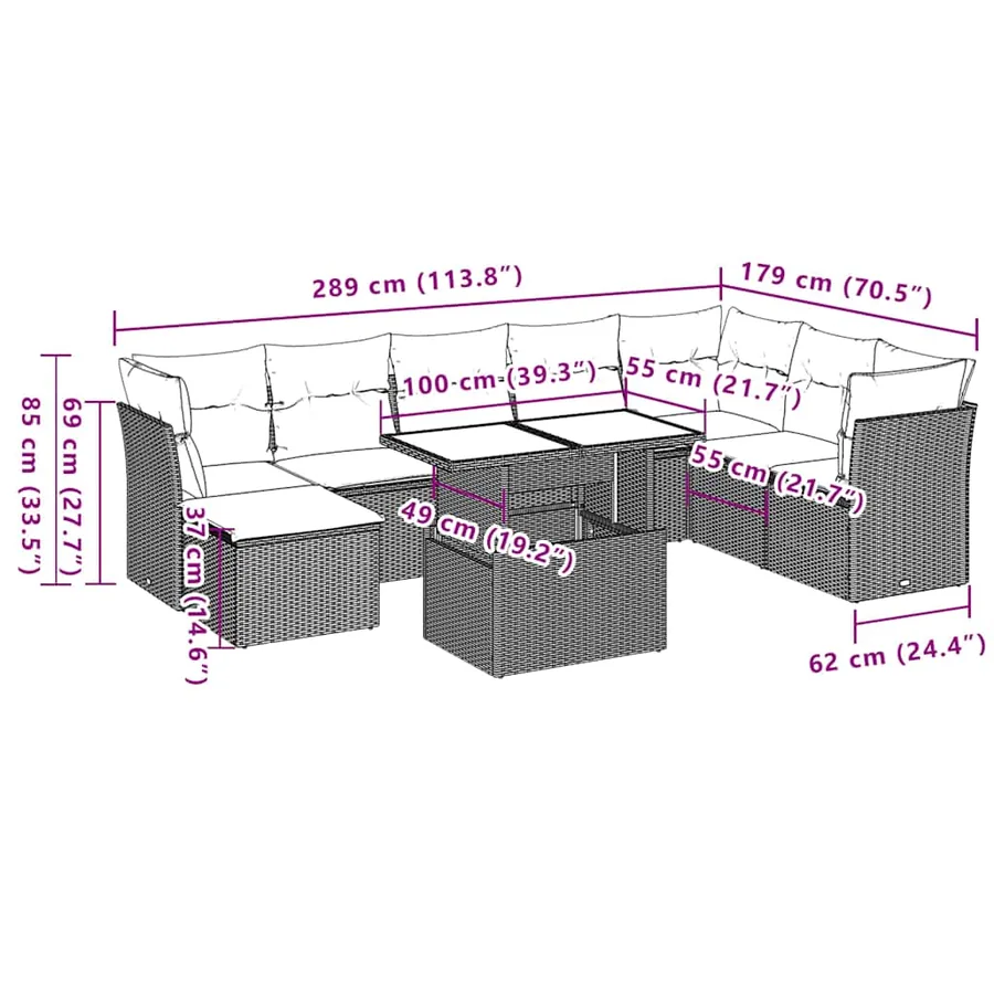 Ensemble de canapé de jardin 9 pcs avec coussins gris résine tressée - 10