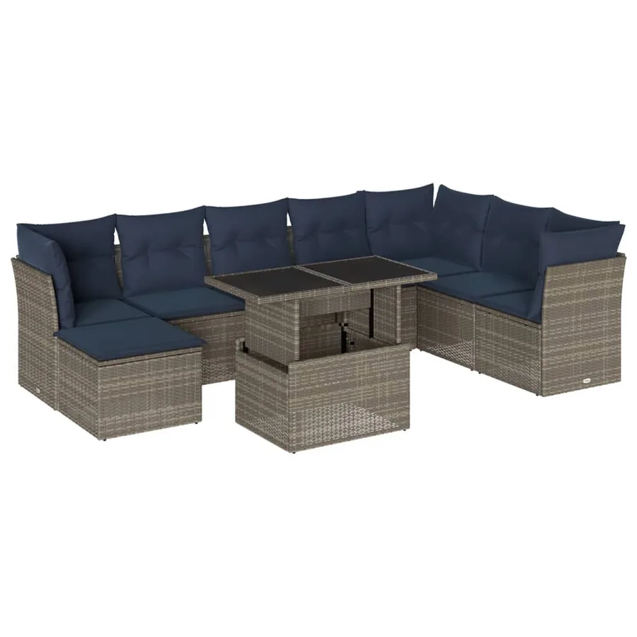 Ensemble de canapé de jardin 9 pcs avec coussins gris résine tressée - 2