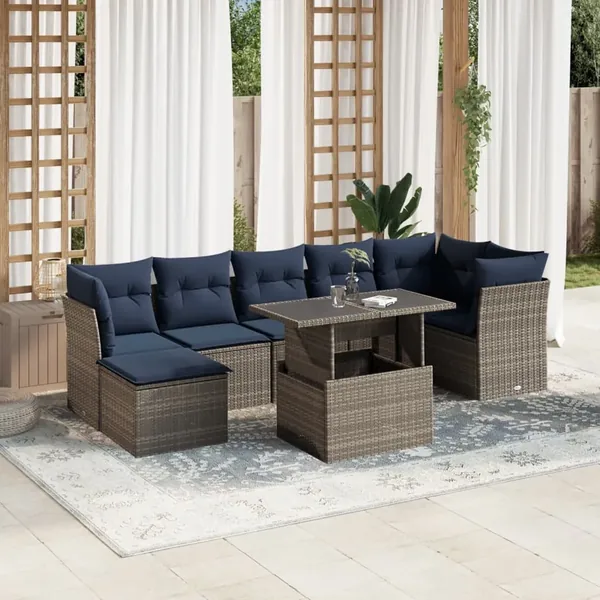 Ensemble de canapé de jardin 8 pcs avec coussins gris résine tressée