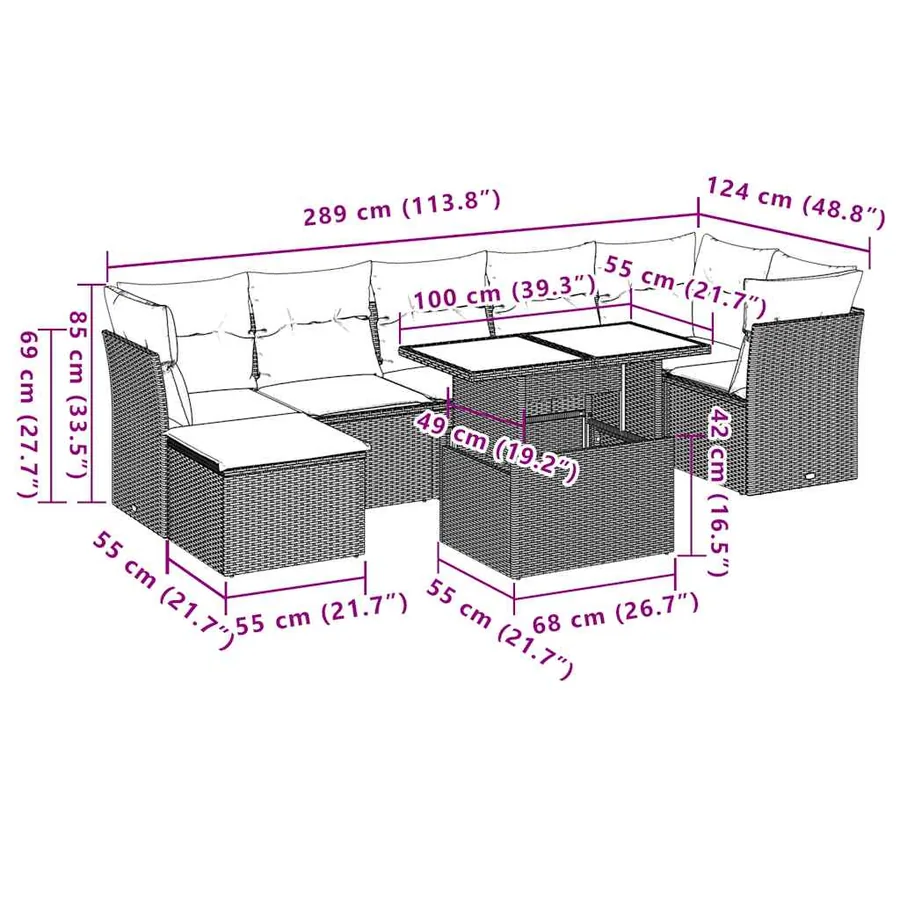 Ensemble de canapé de jardin 8 pcs avec coussins gris résine tressée - 10