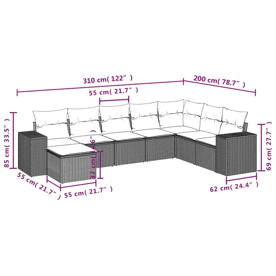 Ensemble de canapé de jardin 8 pcs avec coussins gris résine tressée - 8