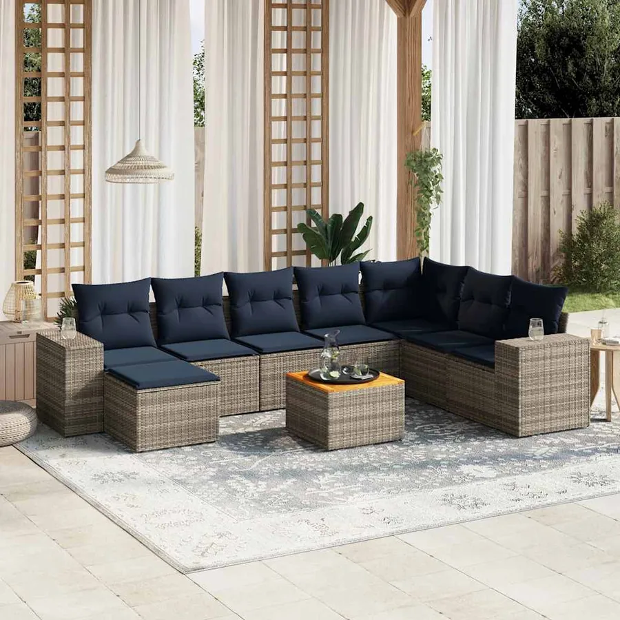 Ensemble de canapé de jardin 9 pcs avec coussins gris résine tressée