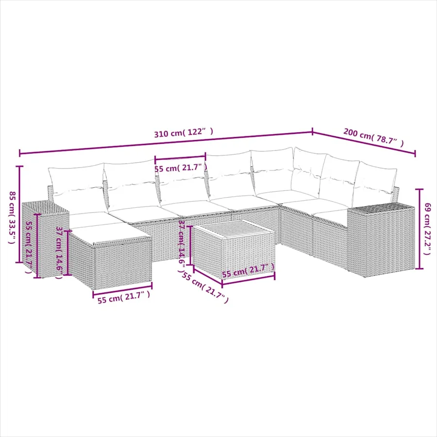 Ensemble de canapé de jardin 9 pcs avec coussins gris résine tressée - 9