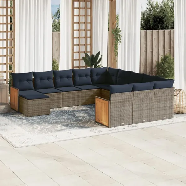 Ensemble de canapé de jardin 12 pcs avec coussins gris résine tressée