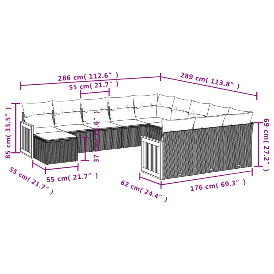 Ensemble de canapé de jardin 12 pcs avec coussins gris résine tressée - 8