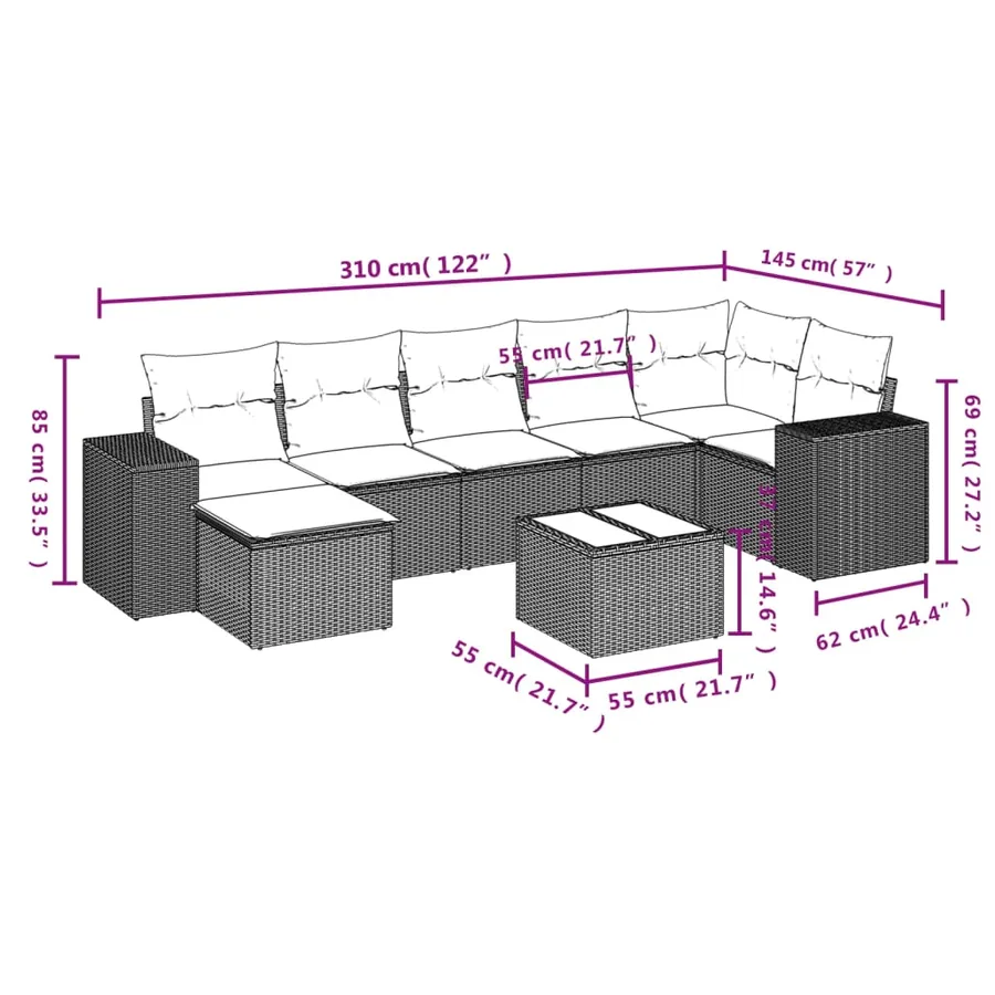 Ensemble de canapé de jardin 8 pcs avec coussins gris résine tressée - 9