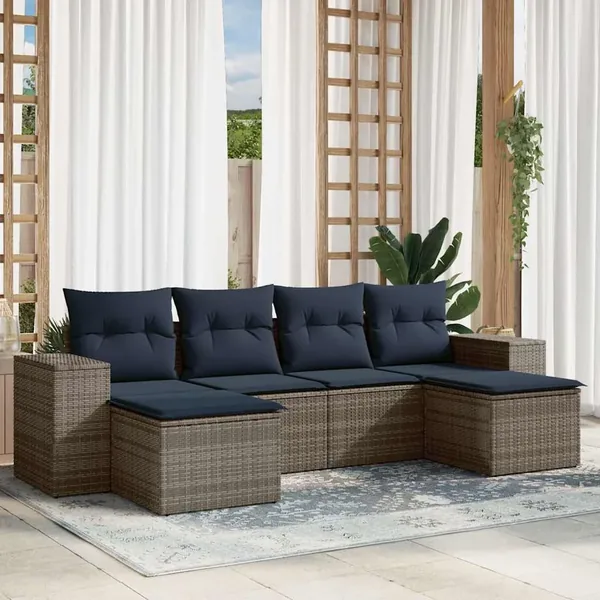 Ensemble de canapé de jardin 6 pcs avec coussins gris résine tressée