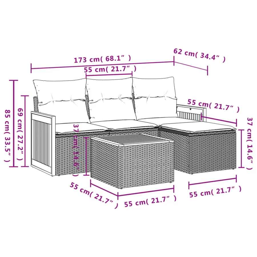 Ensemble de canapé de jardin 5 pcs avec coussins gris résine tressée - 8