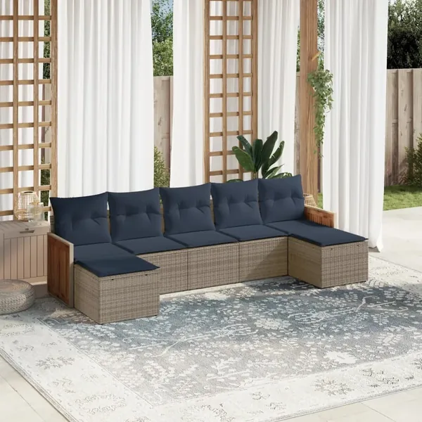 Ensemble de canapé de jardin 7 pcs avec coussins gris résine tressée