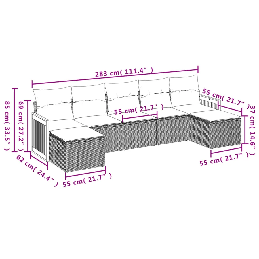 Ensemble de canapé de jardin 7 pcs avec coussins gris résine tressée - 7