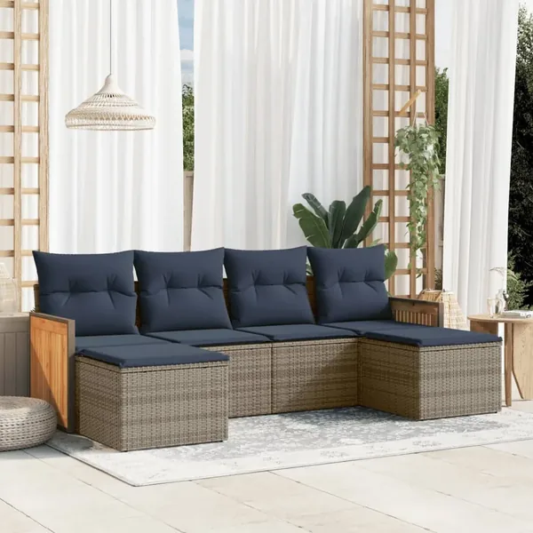 Ensemble de canapé de jardin 6 pcs avec coussins gris résine tressée