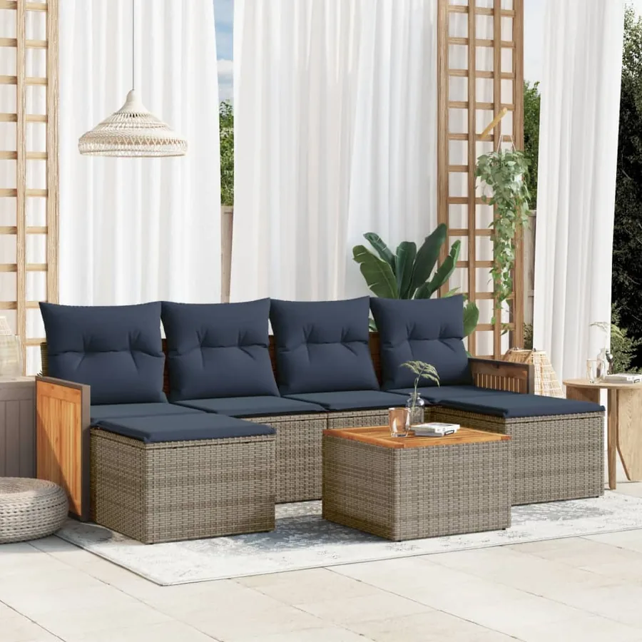 Ensemble de canapé de jardin 7 pcs avec coussins gris résine tressée