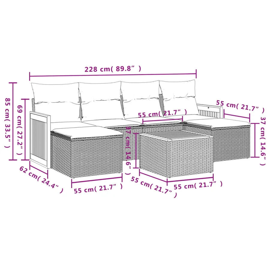 Ensemble de canapé de jardin 7 pcs avec coussins gris résine tressée - 8
