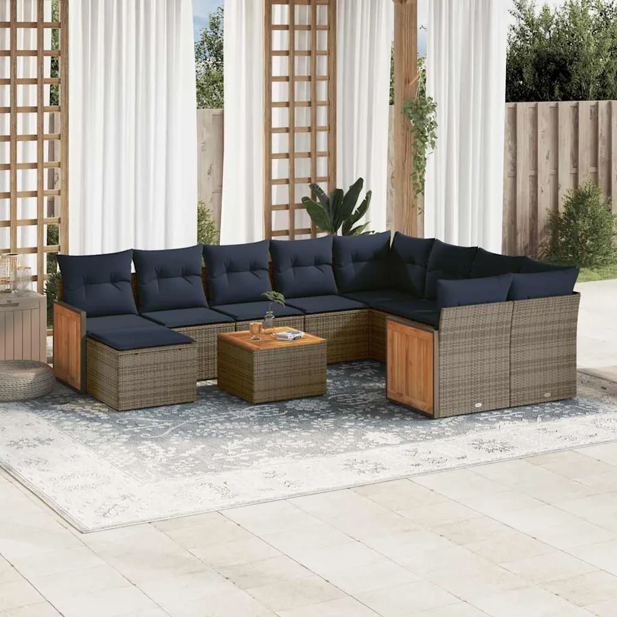 Ensemble de canapé de jardin 11 pcs avec coussins gris résine tressée