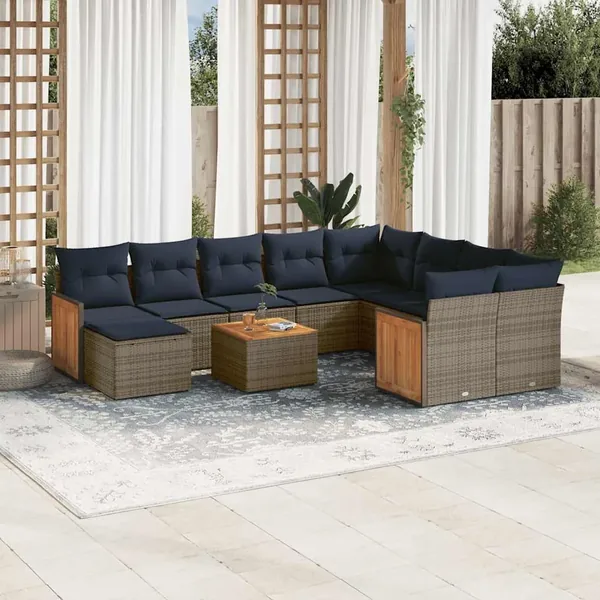 Ensemble de canapé de jardin 11 pcs avec coussins gris résine tressée