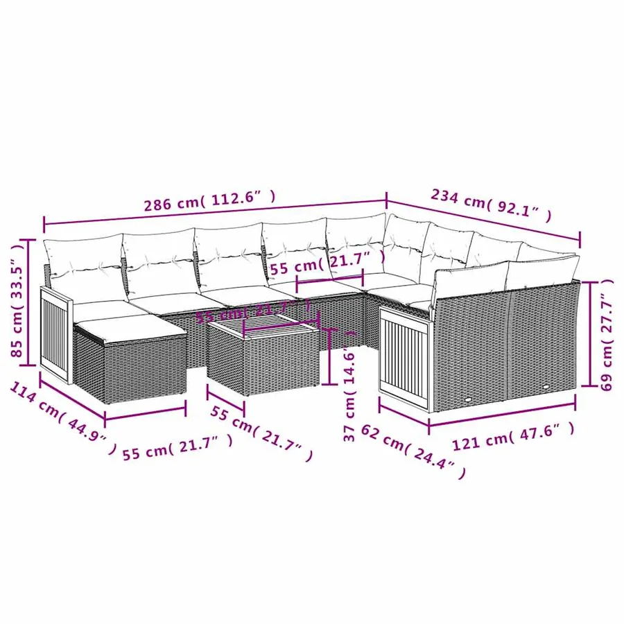 Ensemble de canapé de jardin 11 pcs avec coussins gris résine tressée - 9