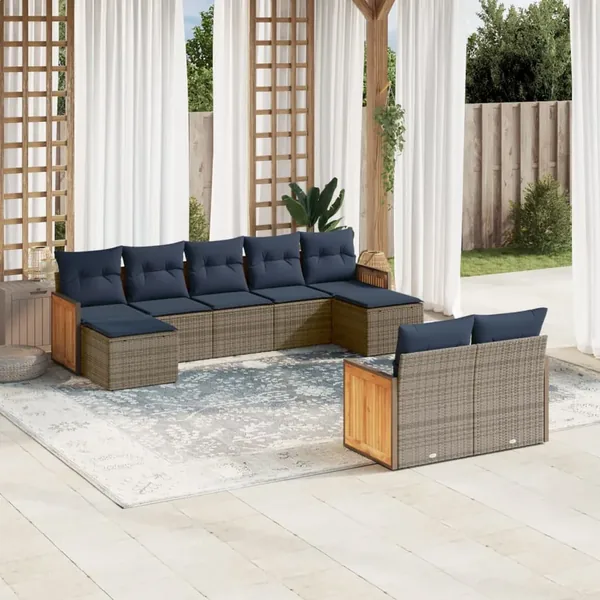 Ensemble de canapé de jardin 9 pcs avec coussins gris résine tressée