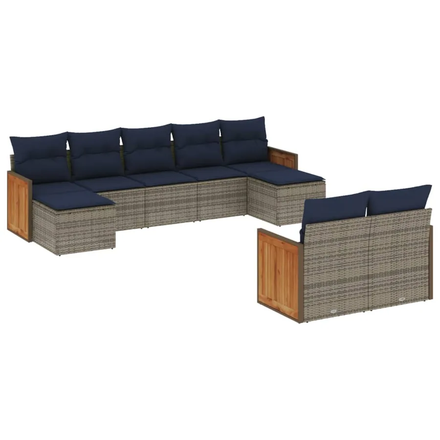 Ensemble de canapé de jardin 9 pcs avec coussins gris résine tressée - 2