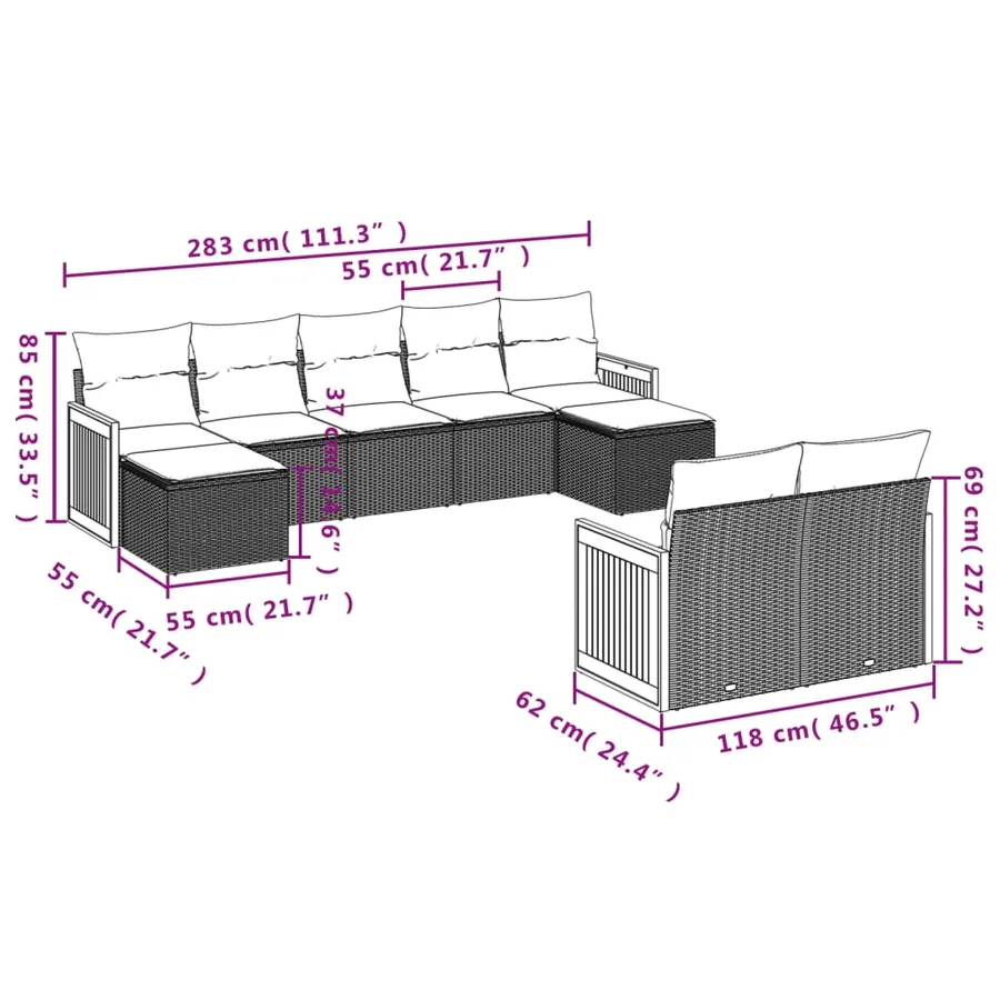 Ensemble de canapé de jardin 9 pcs avec coussins gris résine tressée - 7