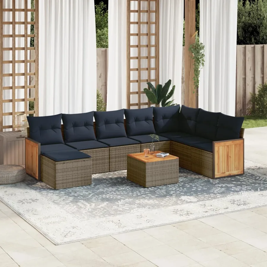 Ensemble de canapé de jardin 9 pcs avec coussins gris résine tressée