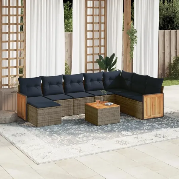 Ensemble de canapé de jardin 9 pcs avec coussins gris résine tressée