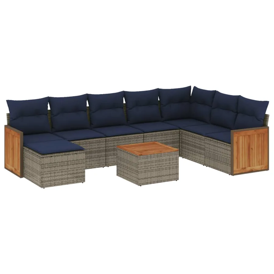 Ensemble de canapé de jardin 9 pcs avec coussins gris résine tressée - 2