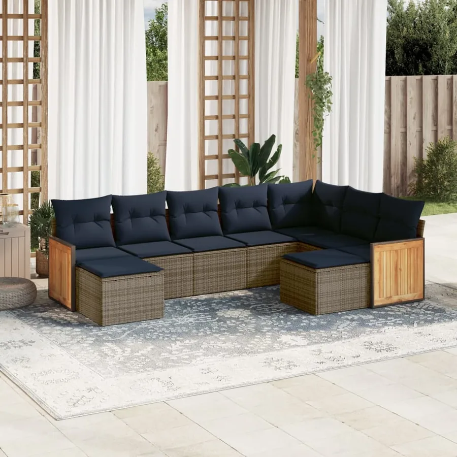 Ensemble de canapé de jardin 9 pcs avec coussins gris résine tressée