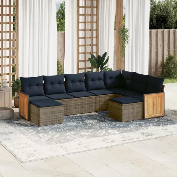 Ensemble de canapé de jardin 9 pcs avec coussins gris résine tressée