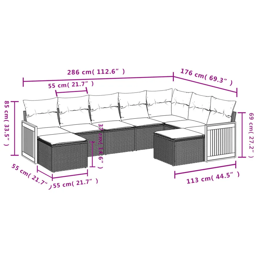 Ensemble de canapé de jardin 9 pcs avec coussins gris résine tressée - 8